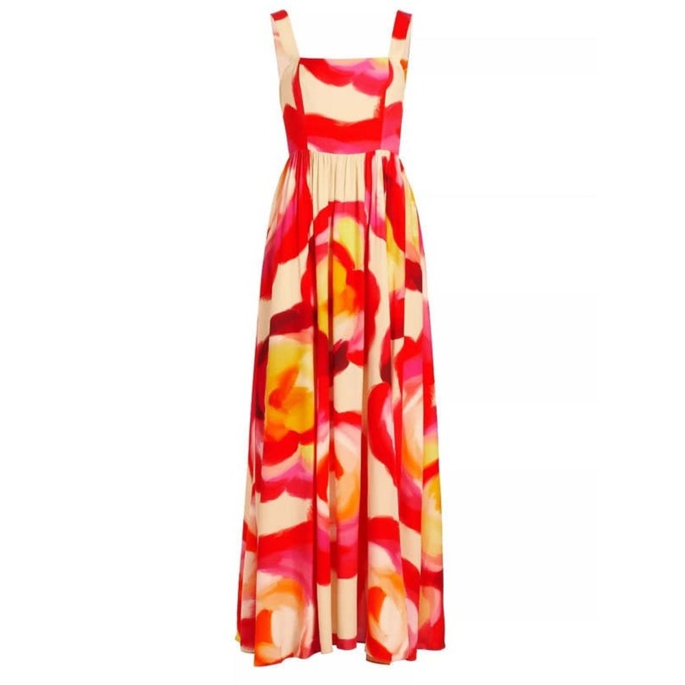 Amanda Uprichard Red Pink Yellow Abstract Floral Maxi Dress High Slit - Picture 3 of 5